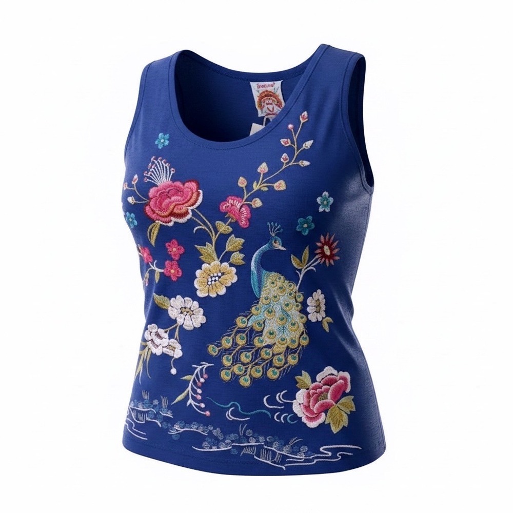Johnny Was XXL Celina Blue Embroidered Peacock Raw Edge V-Neck Tank NWT